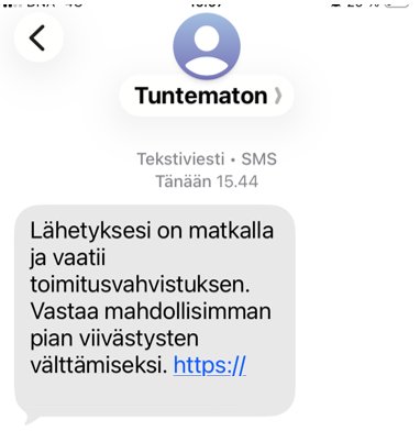 Kuvassa näkyy puhelimen tekstiviestisovellus, jossa vastaanottaja on saanut Matkahuollon nimissä lähetetyn viestin. Viestissä kerrotaan, että paketin toimitus on keskeytynyt puuttuvan tiedon takia ja pyydetään klikkaamaan linkkiä.