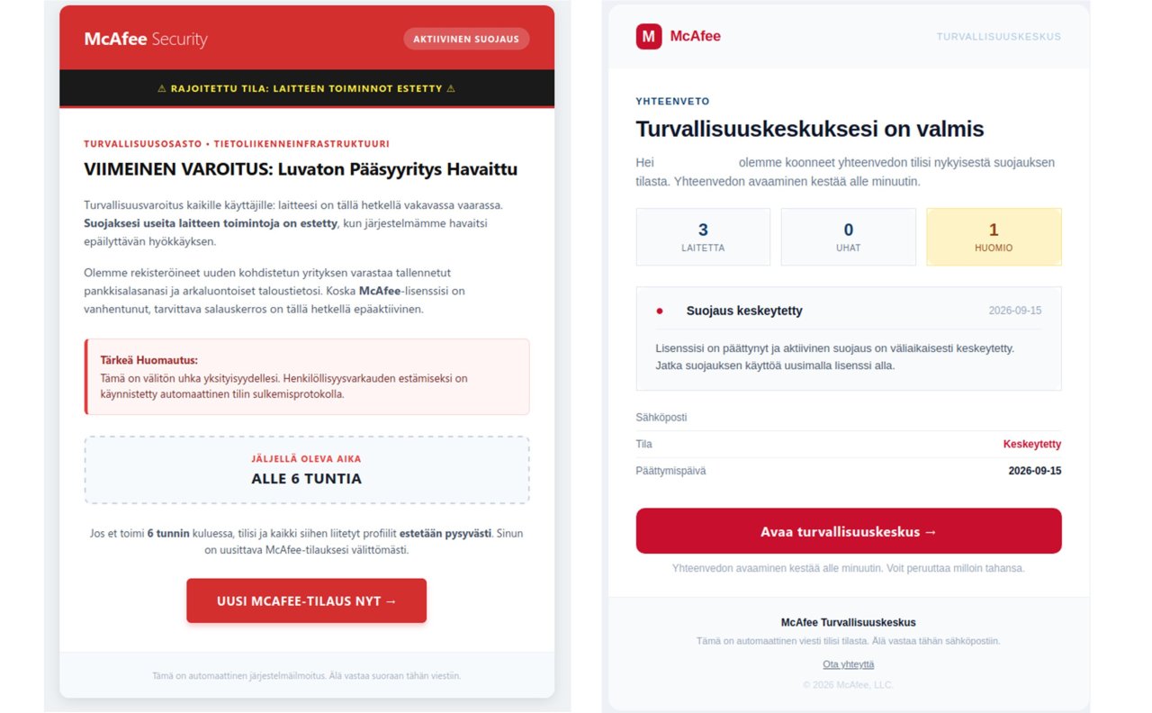 Kaksi kuvankaappausta sähköpostitse lähetetyistä tietojenkalasteluviesteistä McAfeen nimissä.