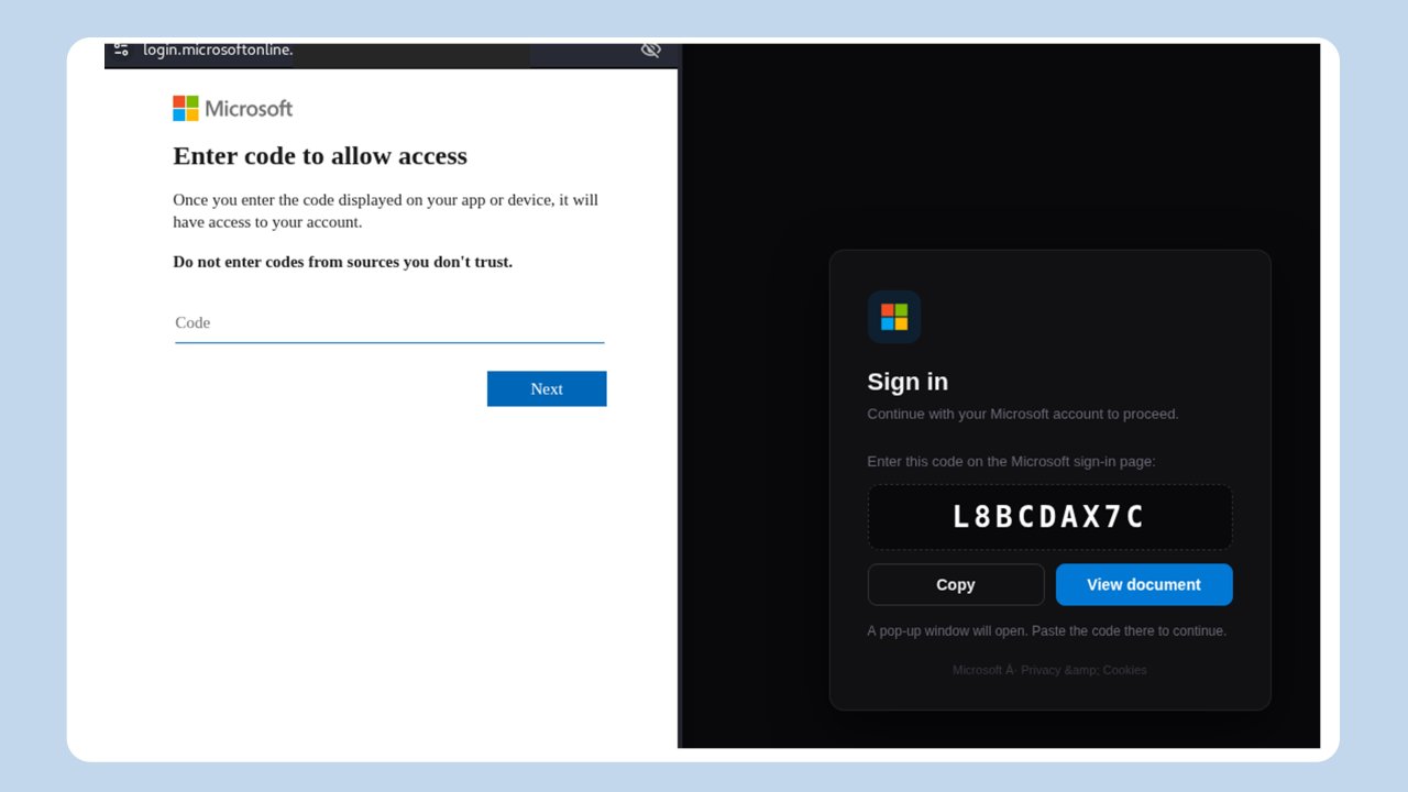 Kuvakaappaus kahdesta selainikkunasta. Vasemmalla näkyy Microsoftin kirjautumissivu, jossa käyttäjää pyydetään syöttämään koodi. Oikealla näkyy kalastelusivu, joka esittää Microsoft-kirjautumiseen liittyvän vahvistuskoodin ja kehottaa käyttämään sitä kirjautumiseen.