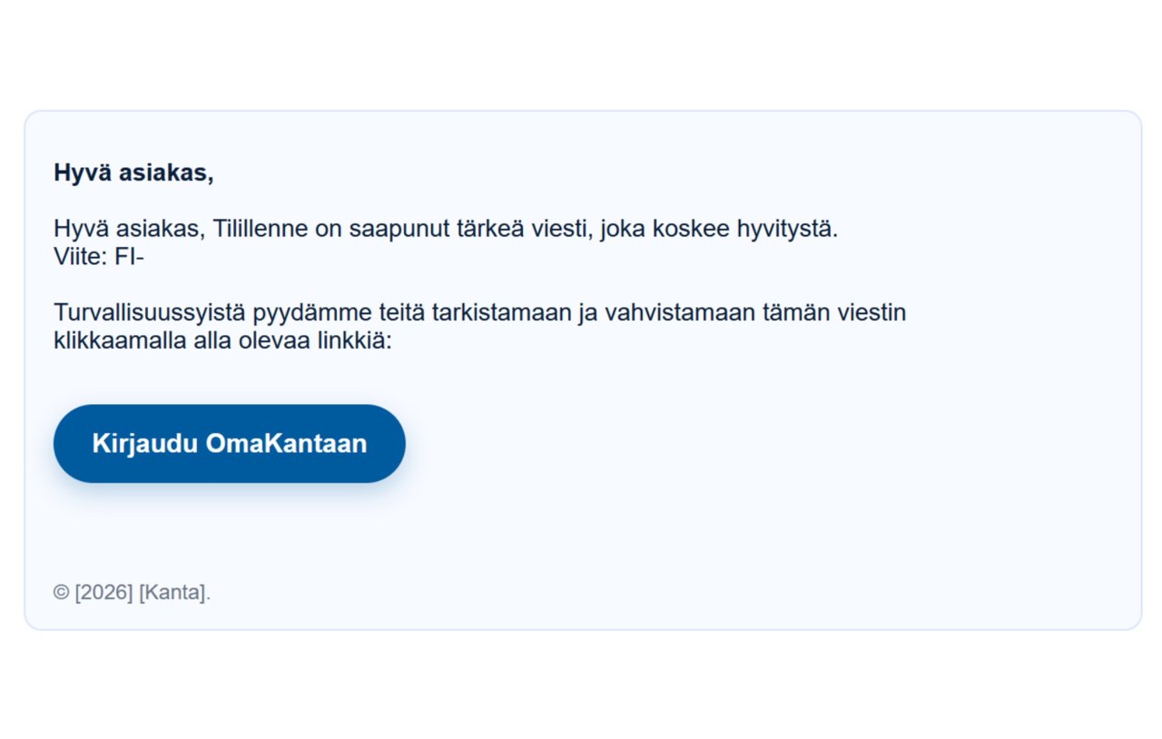 OmaKannan nimissä lähetetyssä tietojenkalasteluviestissä väitetään, että vastaanottajan tillille olisi saapunut tärkeä, hyvitystä koskeva viesti. Tietojenkalasteluviestissä pyydetään klikkaamaan 