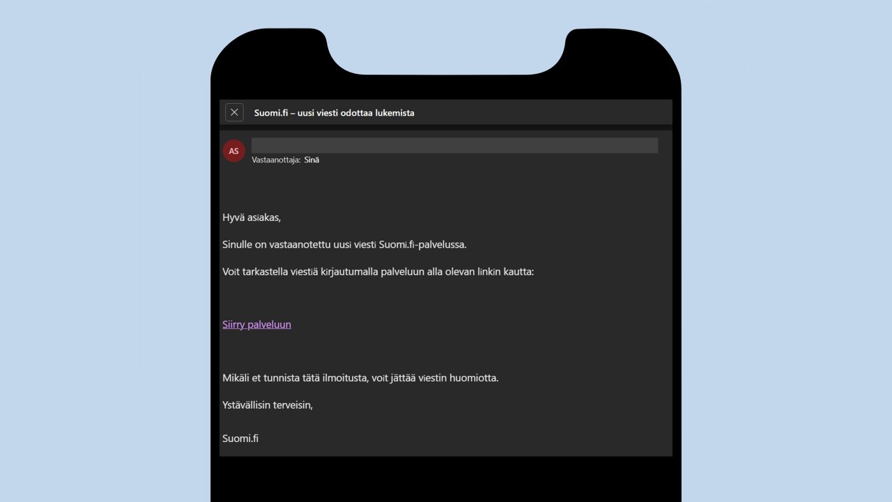 Kuvassa sähköpostitse lähetetty Suomi.fi -palvelun nimissä liikkuva kalasteluviesti. Viestissä kerrotaan, että vastaanottajalla on lukematon viesti Suomi.fi -palvelussa. Sähköpostiviesti sisältää linkin, joka ohjaa kalastelusivustolle.