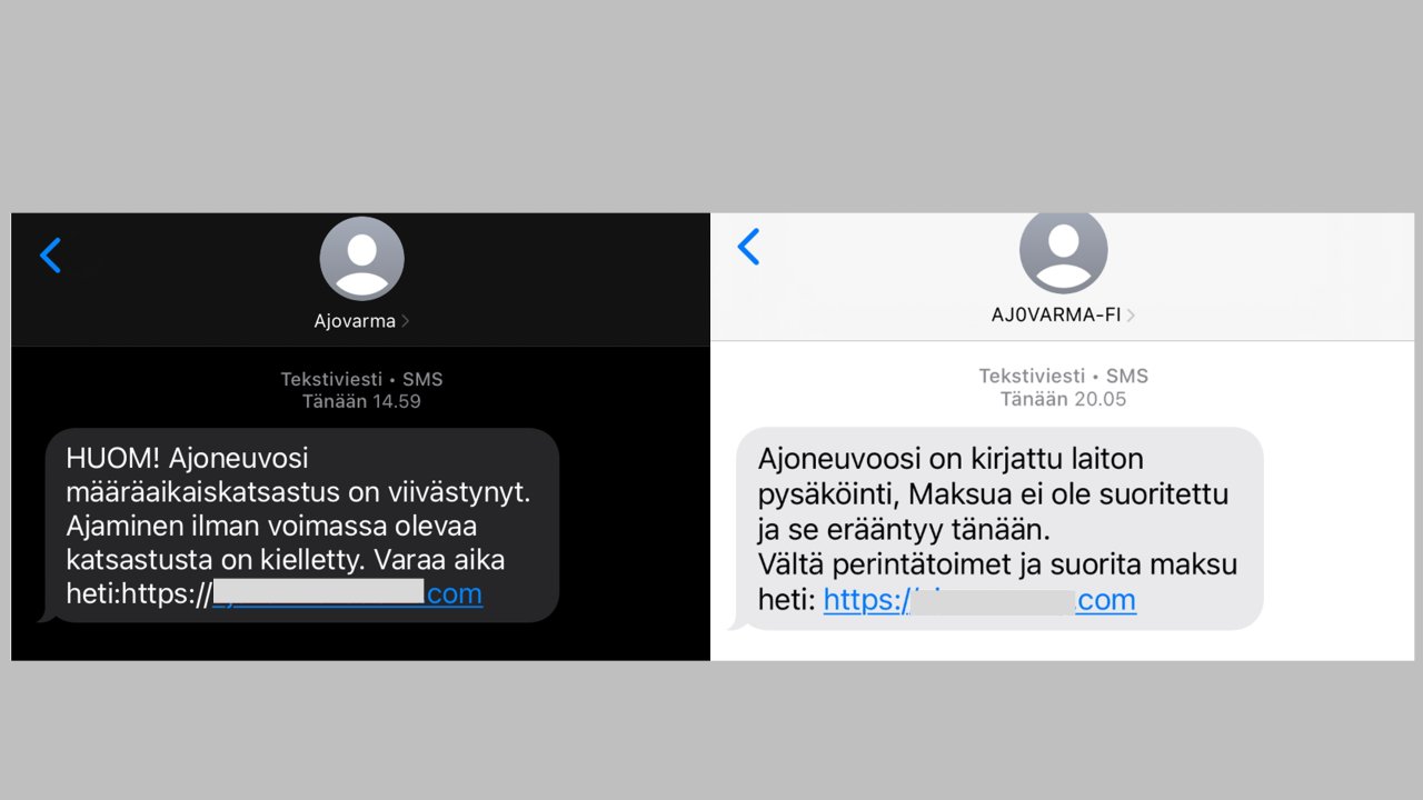 Kaksi esimerkkiä Ajovarman nimissä lähetetyistä huijausviesteissä, joissa houkutellaan vastaanottajaa huijaussivustoille ajoneuvon katsastukseen ja parkkisakkoon liittyvillä aiheilla.