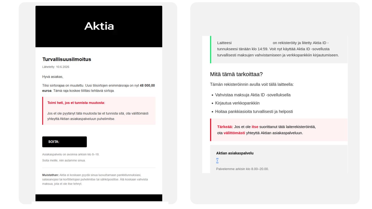 Kaksi rinnakkain aseteltua kuvankaappausta Aktian nimissä sähköpostitse lähetetyistä tietojenkalasteluviesteistä.