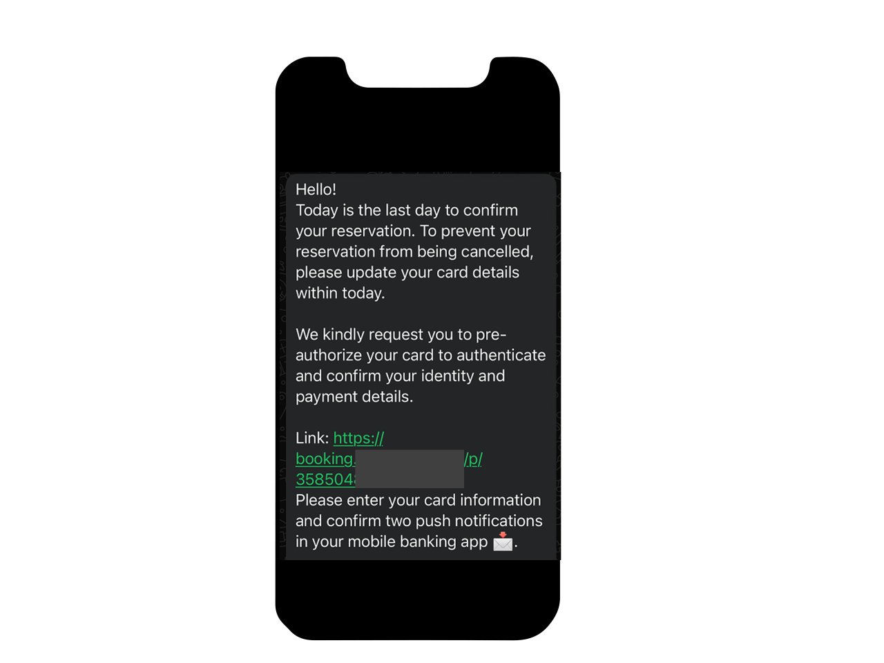 Kuva Booking.com-asiakkaan saamasta WhatsApp-viestistä tai tekstiviestistä, jossa yritetään houkutella klikkaamaan tietojenkalastelusivulle.