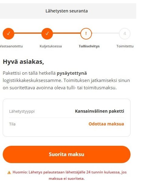 Postin nimissä saapunut huijausviesti, jossa väitetään, että vastaanottajalla olisi paketti, joka on pysäytettynä tullissa. Viestissä väitetään, että toimituksen jatkamiseksi tulisi suorittaa tulli- tai toimitusmaksu. Viestissä oleva 