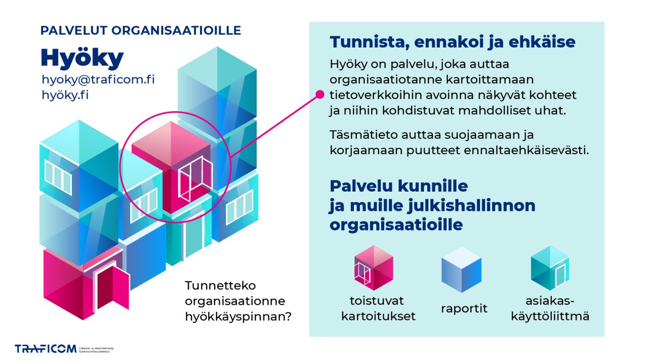 Palvelut organisaatioille: Hyöky. Tunnetteko organisaationne hyökkäyspinnan? Tunnista, ennakoi ja ehkäise: Hyöky on palvelu, joka auttaa organisaatiotanne kartoittamaan tietoverkkoihin avoinna näkyvät kohteet ja niihin kohdistuvat mahdolliset uhat. Täsmätieto auttaa suojaamaan ja korjaamaan puutteet ennaltaehkäisevästi. Hyöky on palvelu kunnille ja muille julkishallinnon organisaatioille, sisältäen toistuvat kartouitukset, raportit ja asiakaskäyttöliittymät.