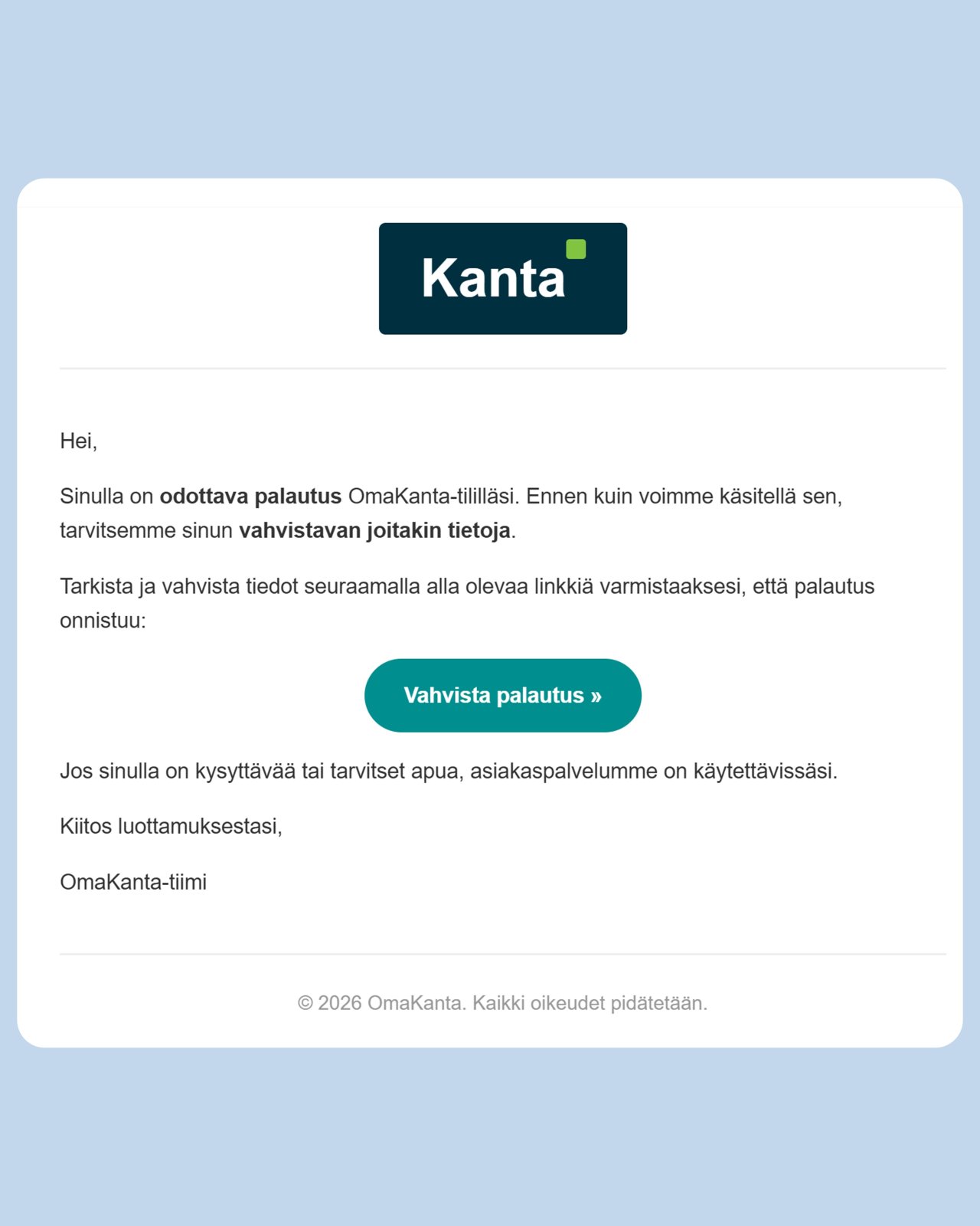 kuvakaappaus OmaKanta-palvelun nimissä lähetetystä kalasteluviestistä.