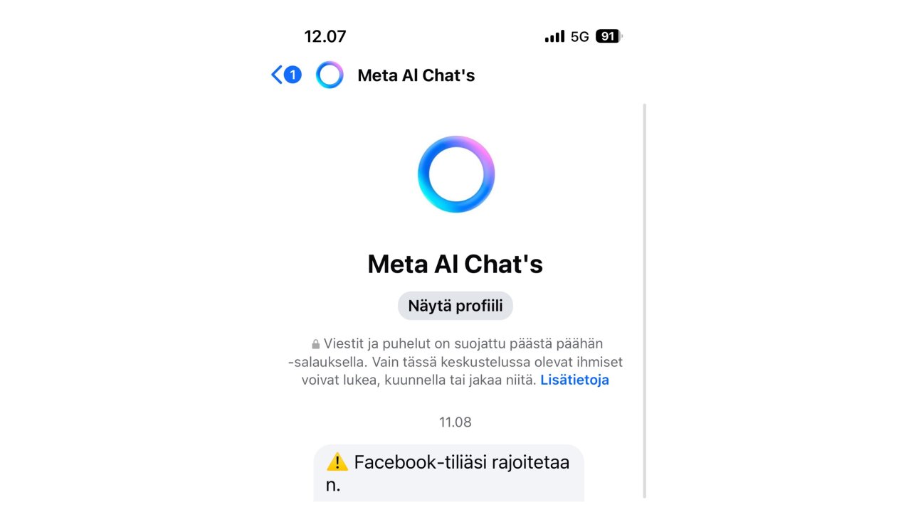 Messenger-viestissä lähettäjäksi on väärennetty Meta AI Chat's ja profiilikuvaksi Metan käyttämä tekoälysymboli