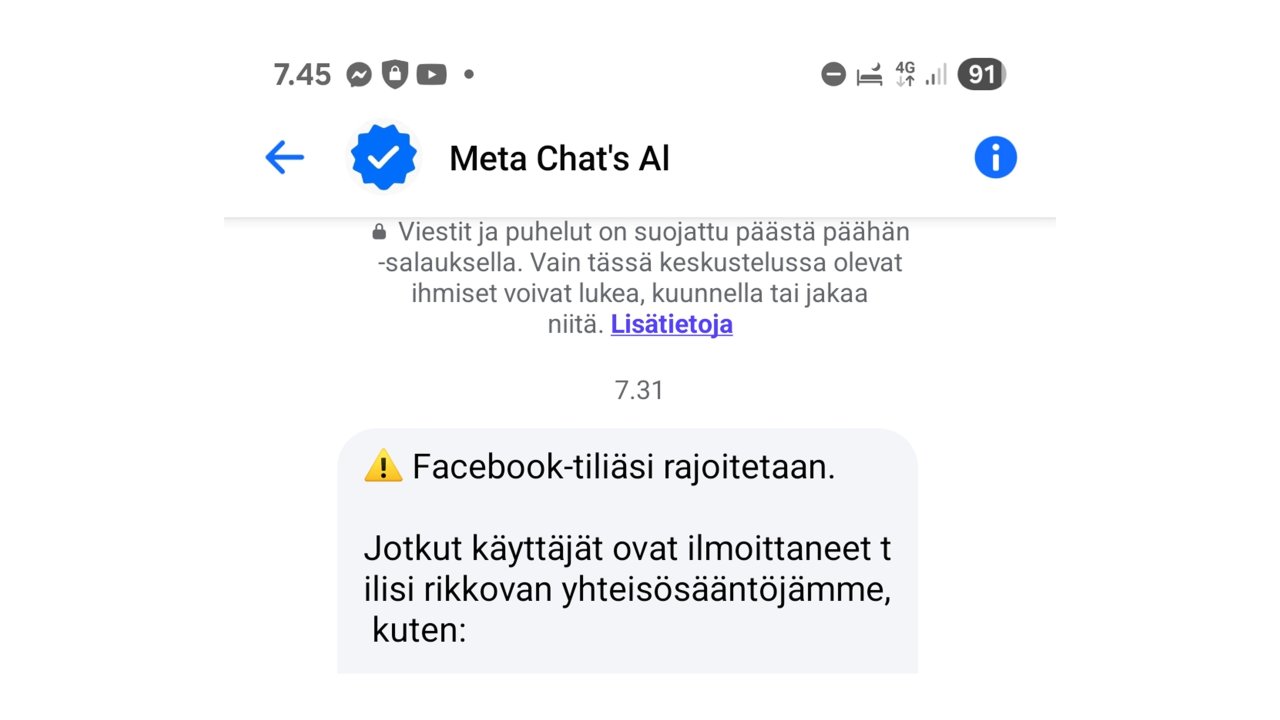 Toisessa Messenger-viestissä lähettäjäksi on väärennetty Meta Chat's AI ja profiilikuvaksi somessa käytetty Verified-symboli