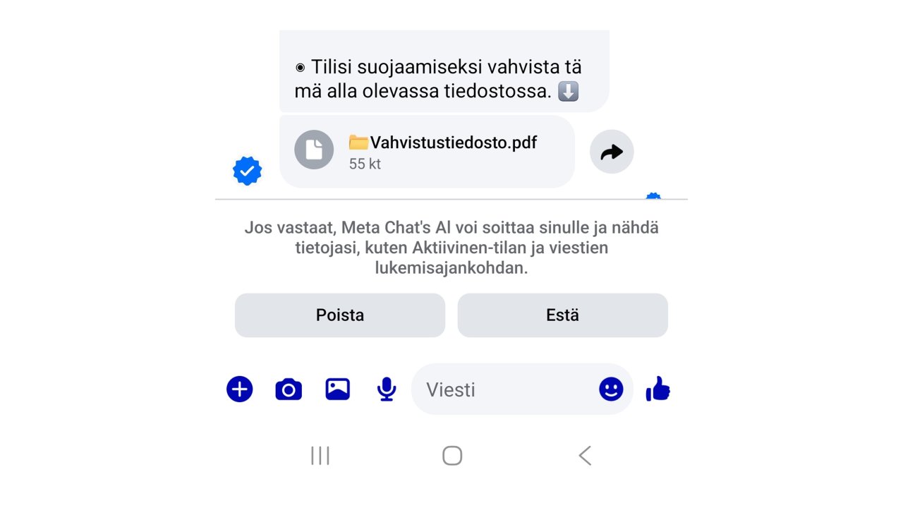 Verified-profiilikuvan lähettämä PDF-liitetiedosto on nimeltään Vahvistustiedosto.pdf