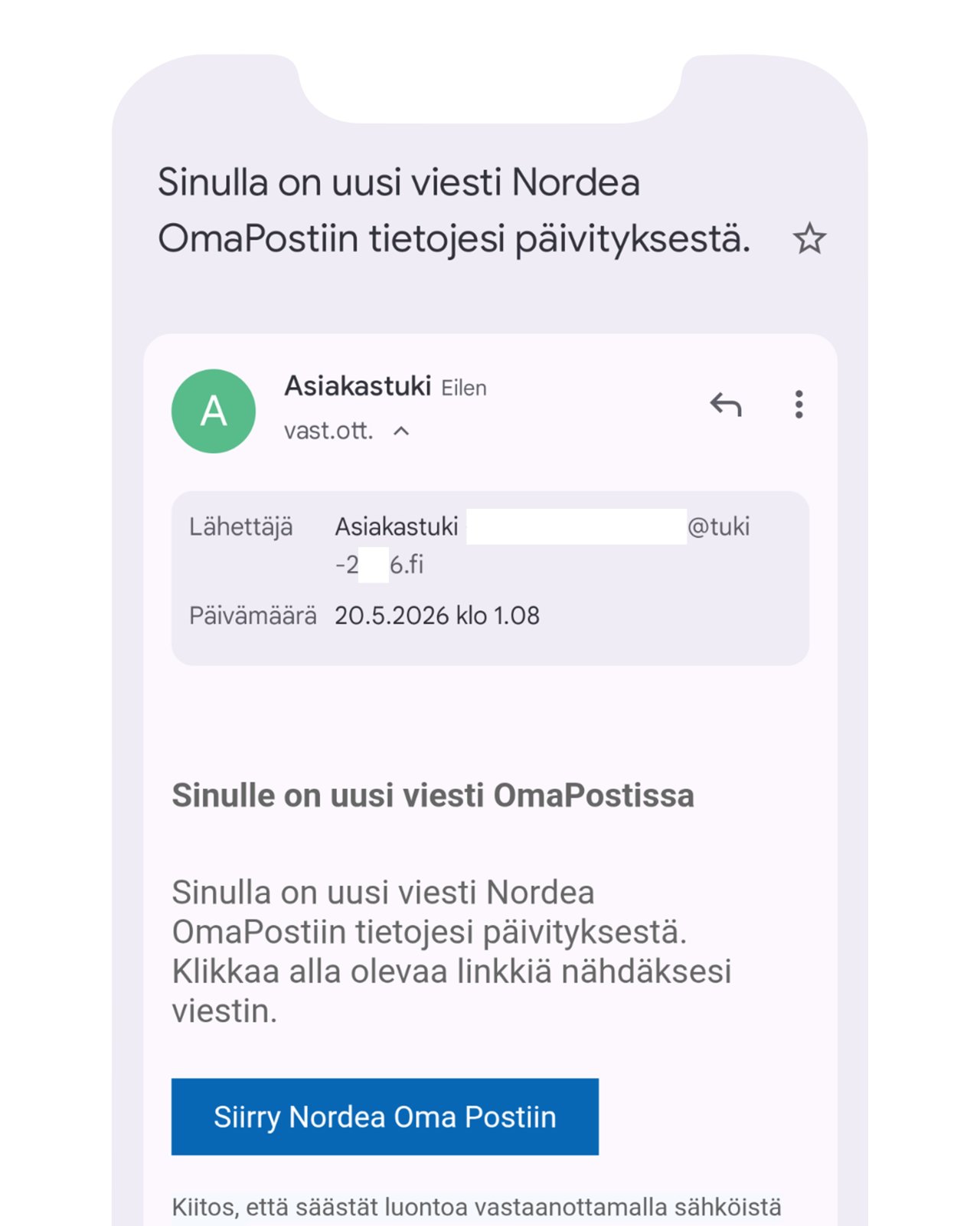 Kuvakaappaus Nordean nimissä lähetetystä kalasteluviestistä.