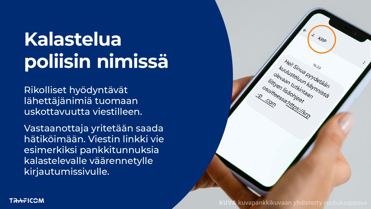 Valokuvassa puhelimen ruudulla näkyy kuvakaappaus KRP:n nimissä lähetetystä kalasteluviestistä: 