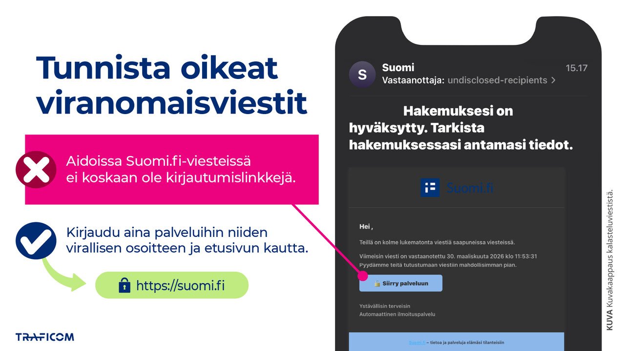 Kuvassa ohjeistetaan tunnistamaan aidot viranomaisviestit. Siinä kerrotaan, että aidoissa Suomi.fi-viesteissä ei ole kirjautumislinkkejä, ja kehotetaan kirjautumaan palveluihin vain virallisen osoitteen kautta (suomi.fi). Vieressä esimerkki huijausviestistä, jossa on linkki palveluun.