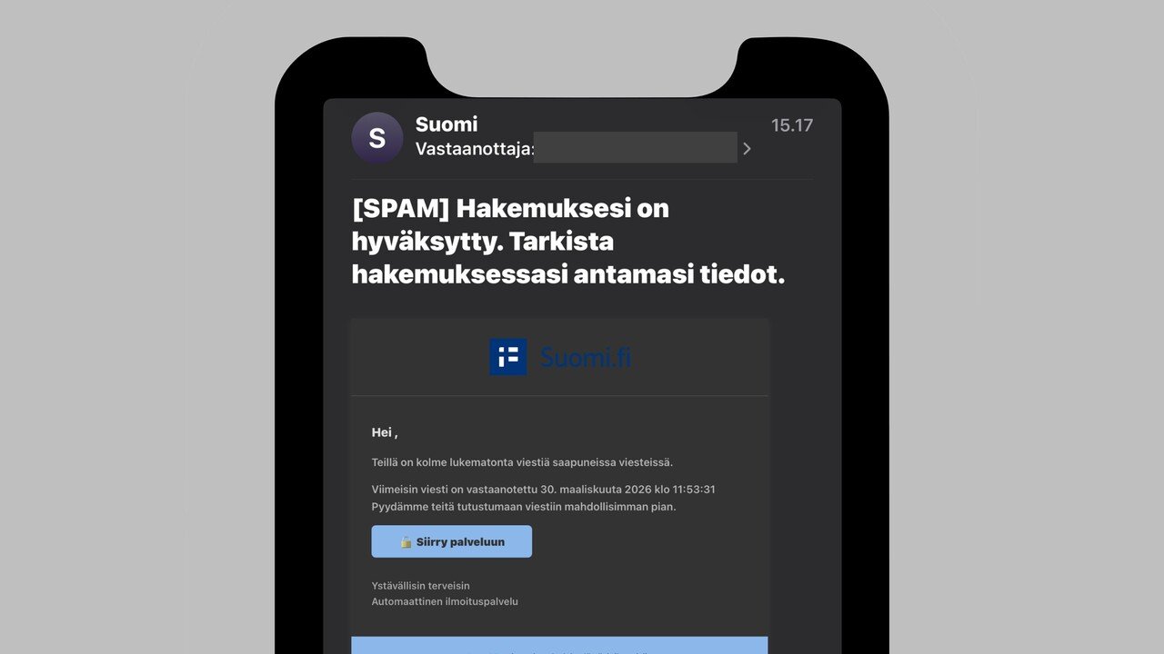 Puhelimen näytöllä Suomi.fi-viestin näköinen viesti, jossa on otsikossa roskapostimerkintä ja linkkipainike palveluun. Kyseessä on huijausviesti.