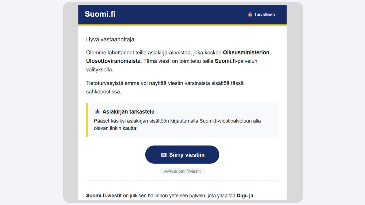 Suomi.fi-palvelun nimissä sähköpostitse lähetetty tietojenkalasteluviesti, jossa oleva linkki johtaa pankkitunnusten kalastelusivustolle.