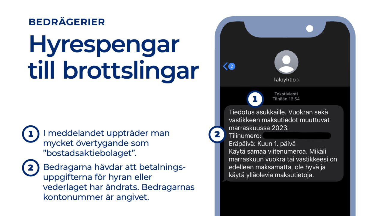 Bedrägerier: Hyrespengar till brottslingar 1 I meddelandet uppträder man mycket övertygande som ”bostadsaktiebolaget” 2 Bedragarna hävdar att betalningsuppgifterna för hyran eller vederlaget har ändrats. Bedragarnas kontonummer är angivet.