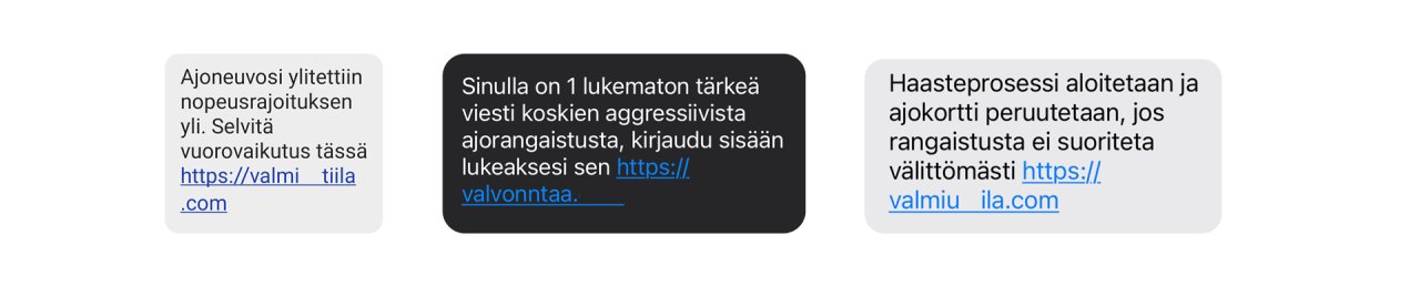 Kuvia tekstiviesteistä, joissa koetetaan huijata klikkaamaan tietojenkalastelusivulle. Tekstiviesti 