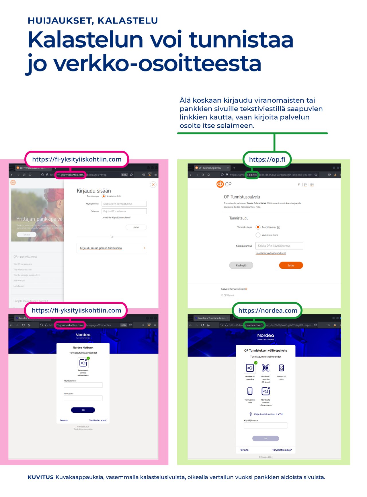Kuvakaappauksissa vertaillaan vasemmalla olevia tietojenkalastelusivuja oikealla oleviin oikeisiin pankin kirjautumissivuihin.