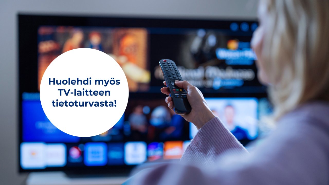 valokuvassa henkilö osoittaa älytelevisiota kaukosäätimellä. Kuvan päällä on teksti 