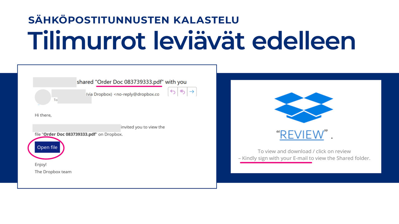 kuvakaappaus Dropbox-teemaisesta viestistä, jolla pyritään kalastelemaan M365-tunnuksia