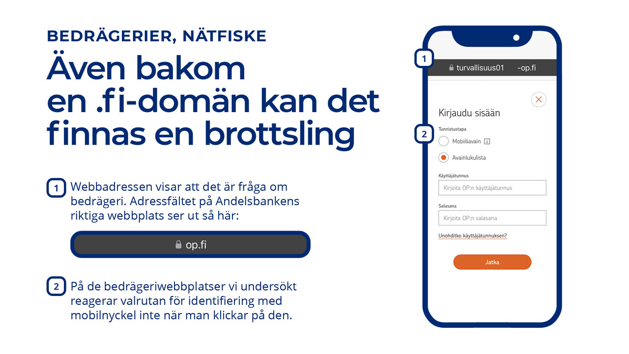 Skärmdump av ett nätfiskemeddelande. Man kan se att det är fråga om ett bedrägeri med hjälp av webbadressen. På Andelsbankens äkta webbplats står det bara op.fi i adressfältet. På de bedrägeriwebbplatser vi undersökt reagerar valet för identifiering med mobilnyckel inte när man klickar på det.