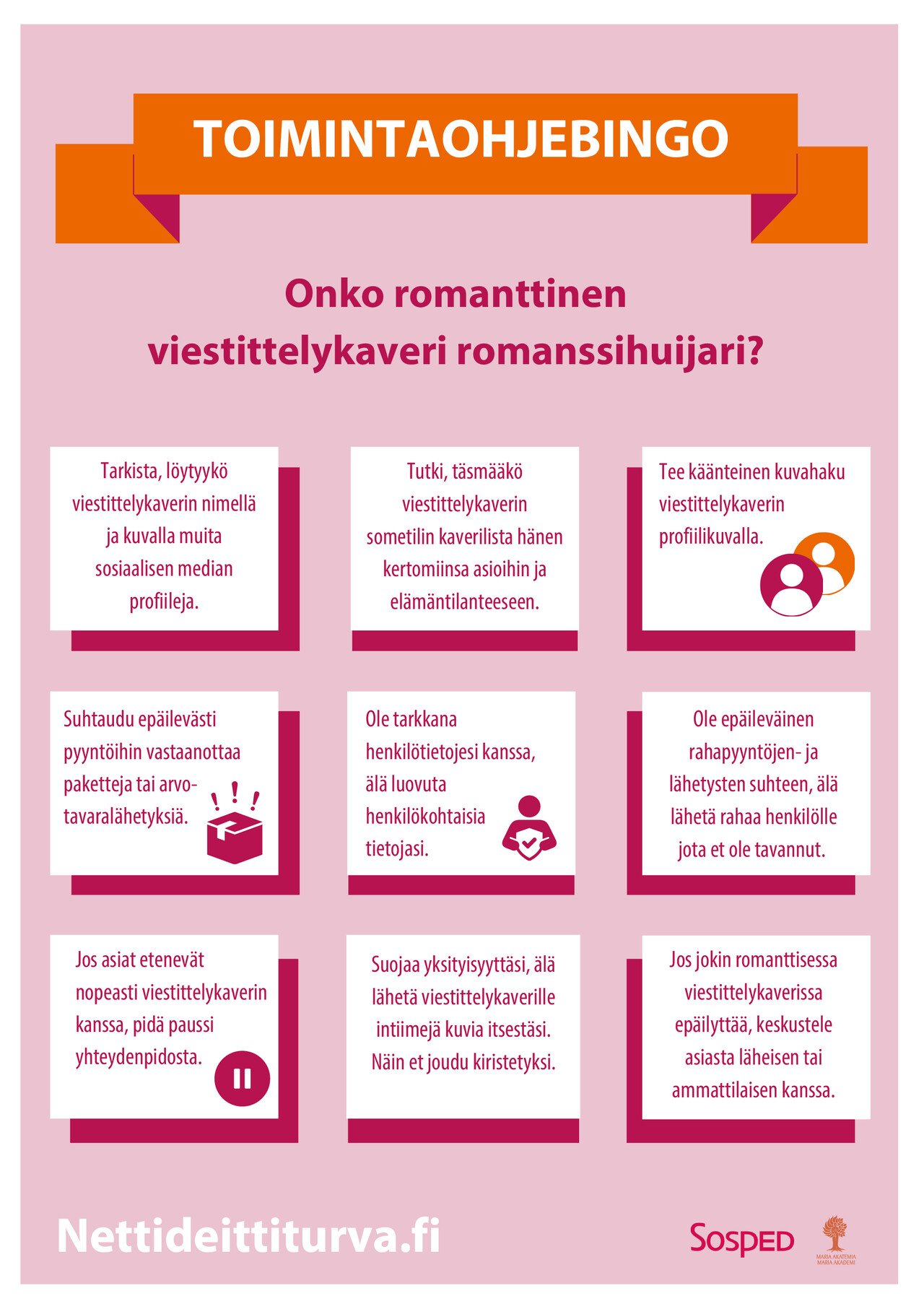 Nettideittiturvan romanssihuijaus-bingo kokoaa yhteen artikkelissa luetellut vinkit.