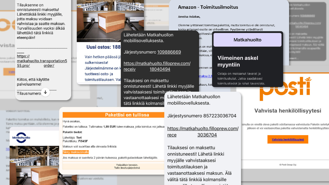 kuvakaappauksia erilaisista pakettihuijausviesteistä, joita on lähetetty muun muassa Postin ja Matkahuollon nimissä. 